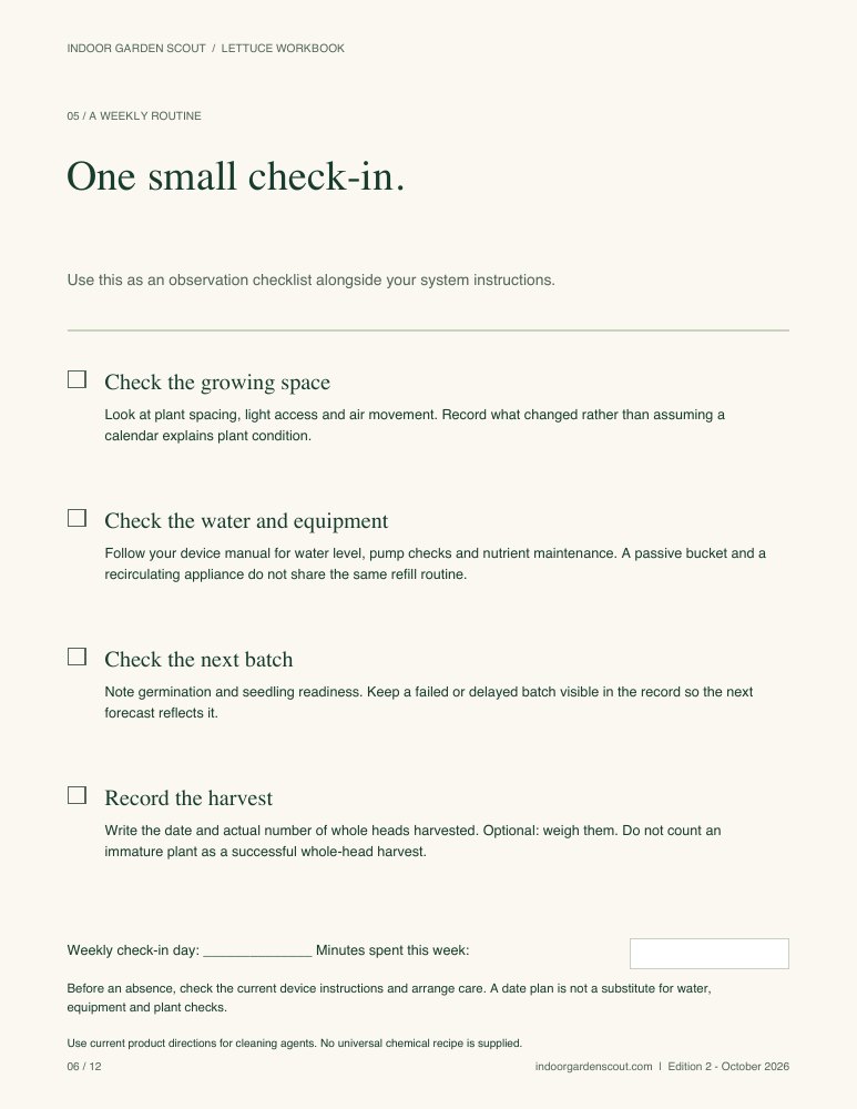 Sample page 6: weekly growing-space, water, seedling and harvest checklists